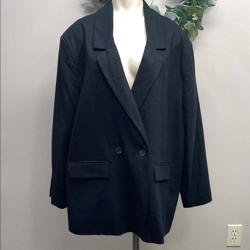 NWT Old Navy Linen Blend Black Double Breasted Lined Suit Blazer Jacket XL